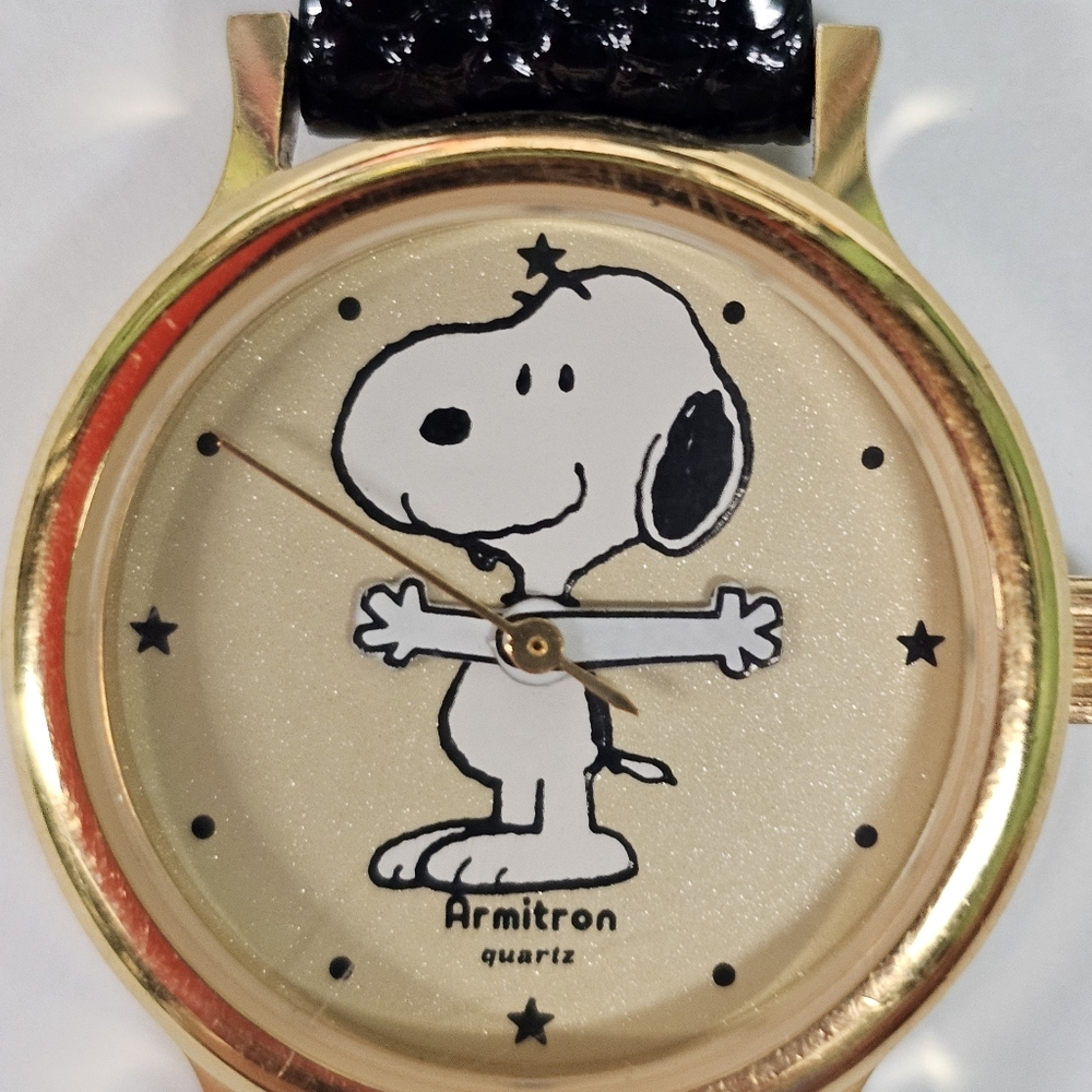 Armitron Gold 1958 Watch with Snoopy Dial and Black Strap